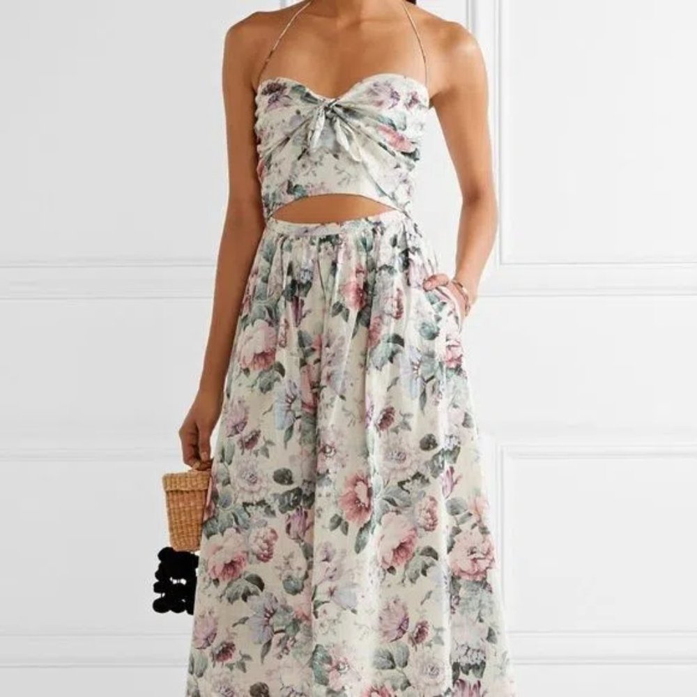 Zimmermann Cream Floral Maxi Dress with Pink & Green Accents